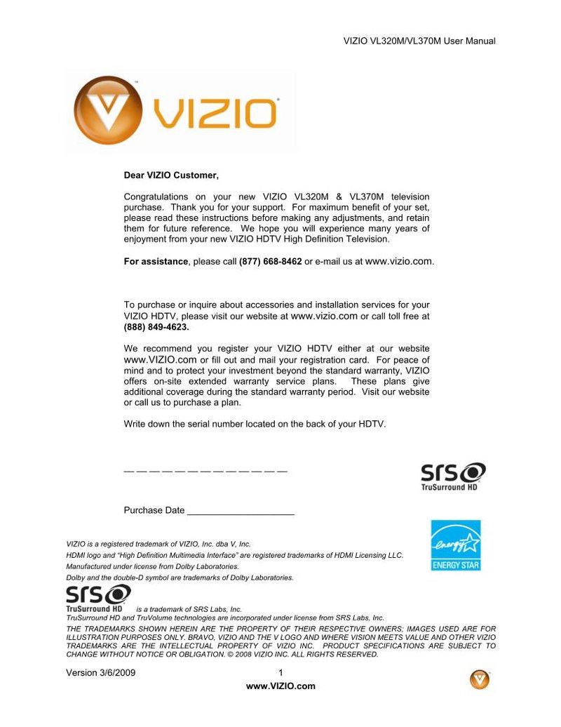 Vizio VL320M VL370M TV Operating Manual