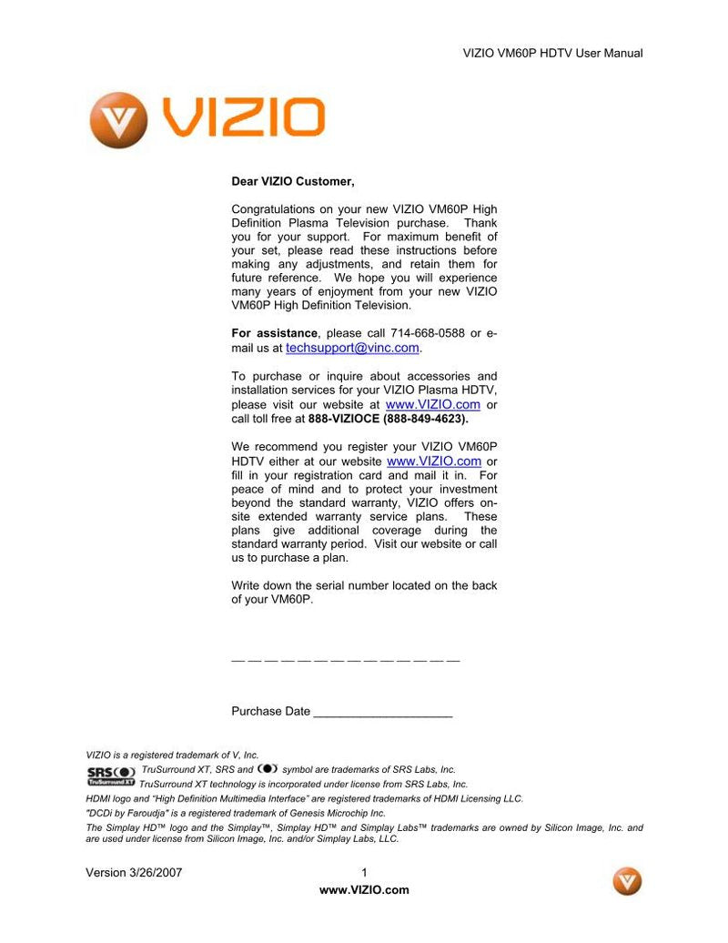 Vizio VM60P TV Operating Manual