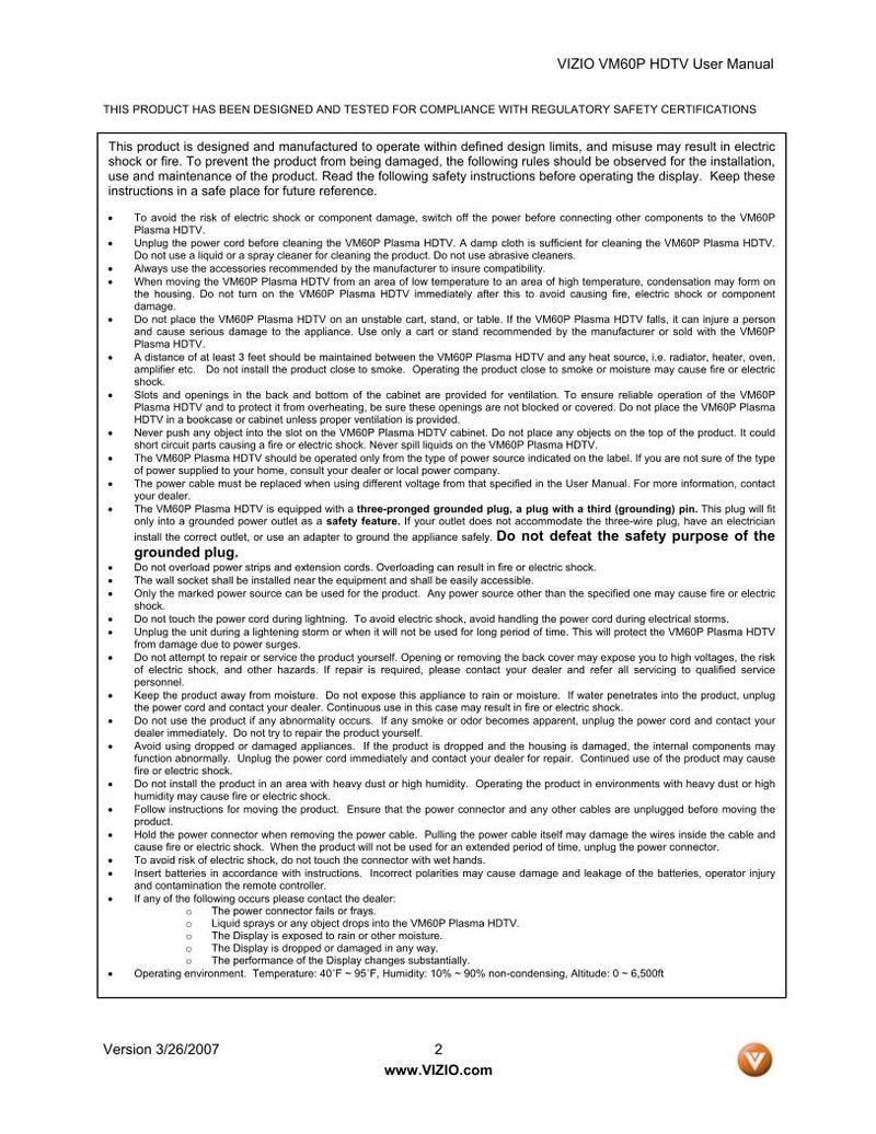 Vizio VM60P TV Operating Manual