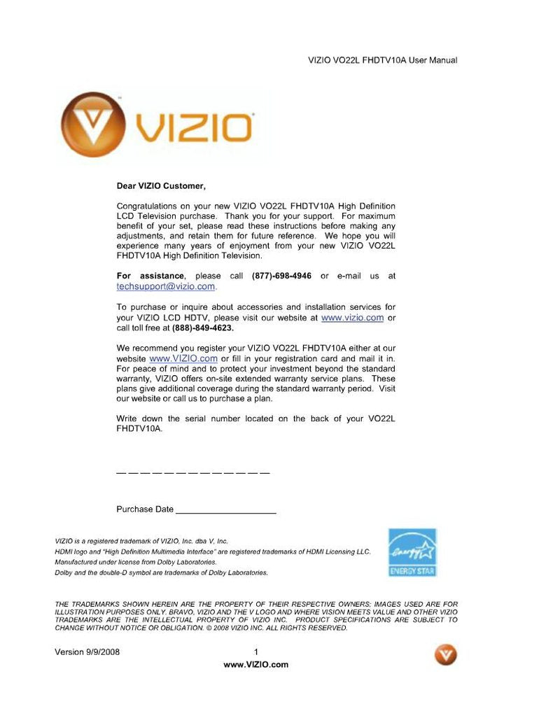 Vizio VO22LF TV Operating Manual