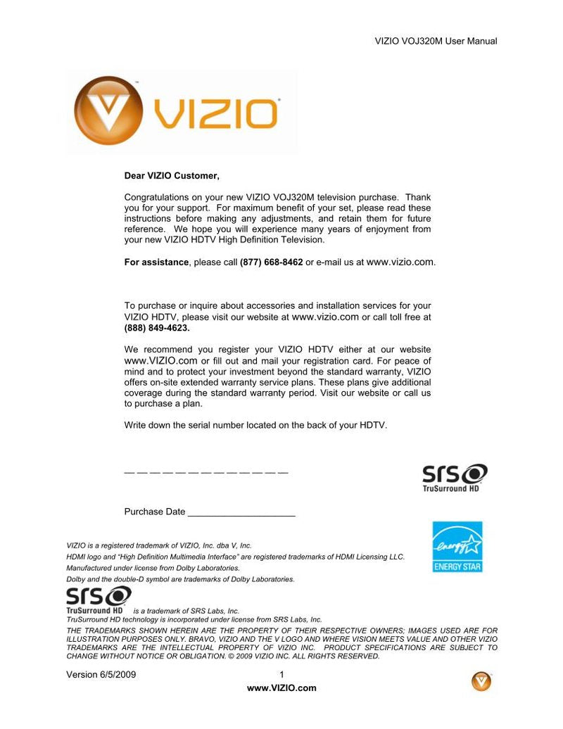 Vizio VOJ320M TV Operating Manual