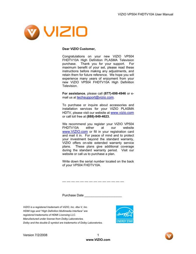 Vizio FHDTV10A VP504 VP504FHDTV10A TV Operating Manual