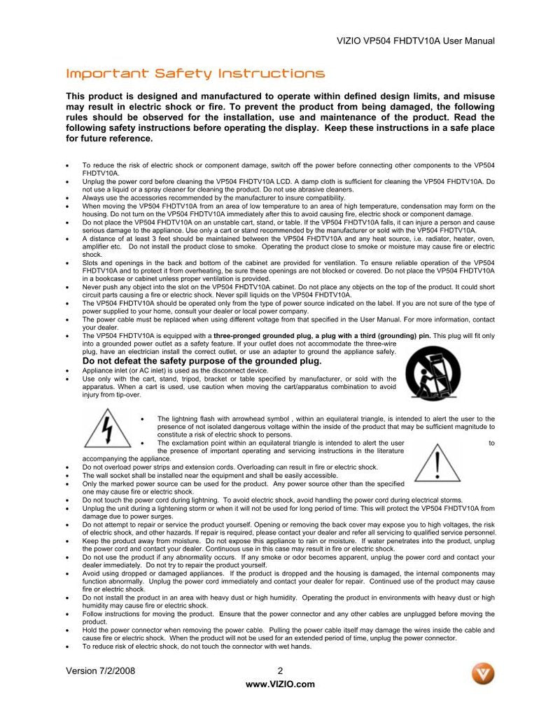 Vizio FHDTV10A VP504 VP504FHDTV10A TV Operating Manual