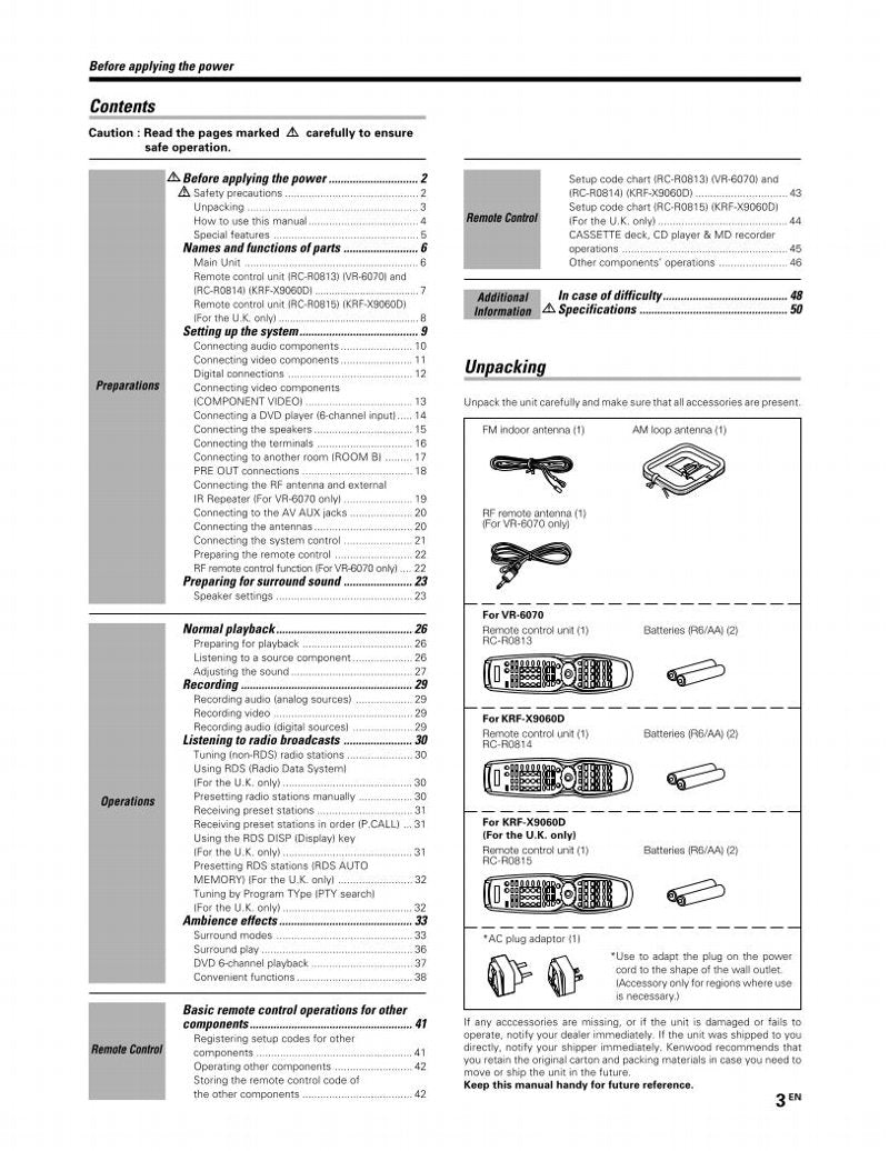 Kenwood KRFX9060D VR6070 Audio System Operating Manual