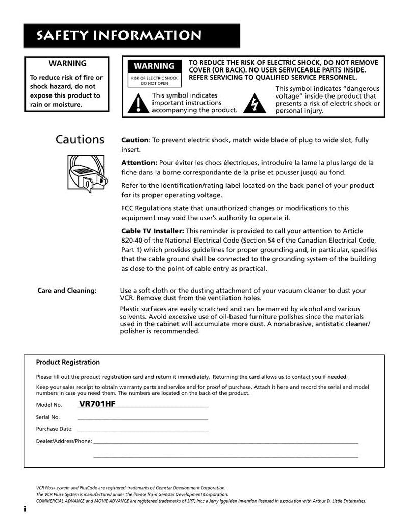 RCA VR701HF TV Operating Manual