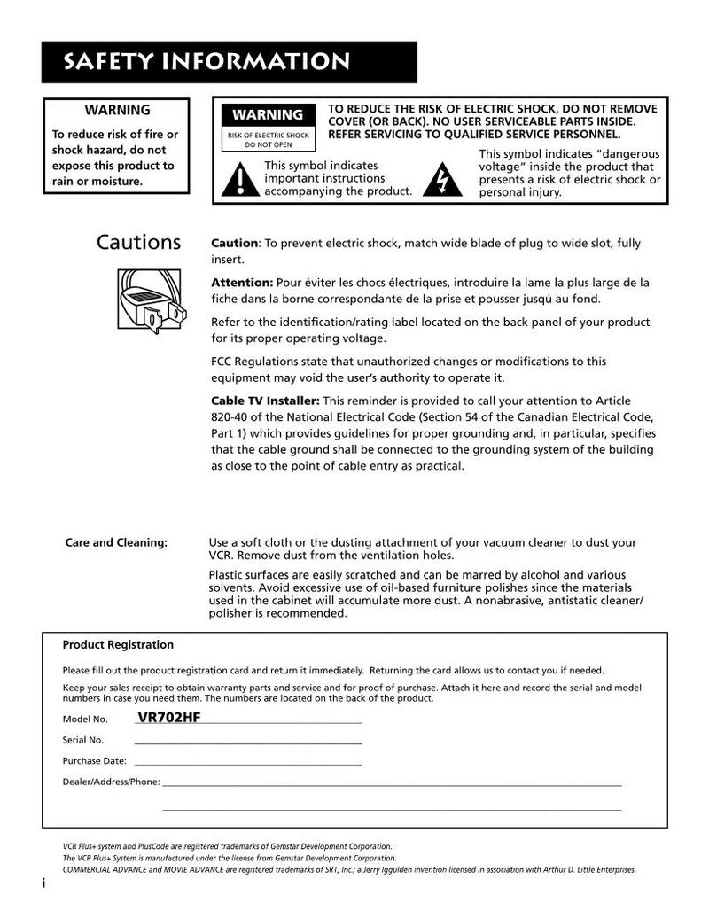 RCA VR702HF TV Operating Manual