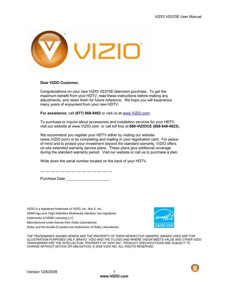 Vizio VS370E TV Operating Manual