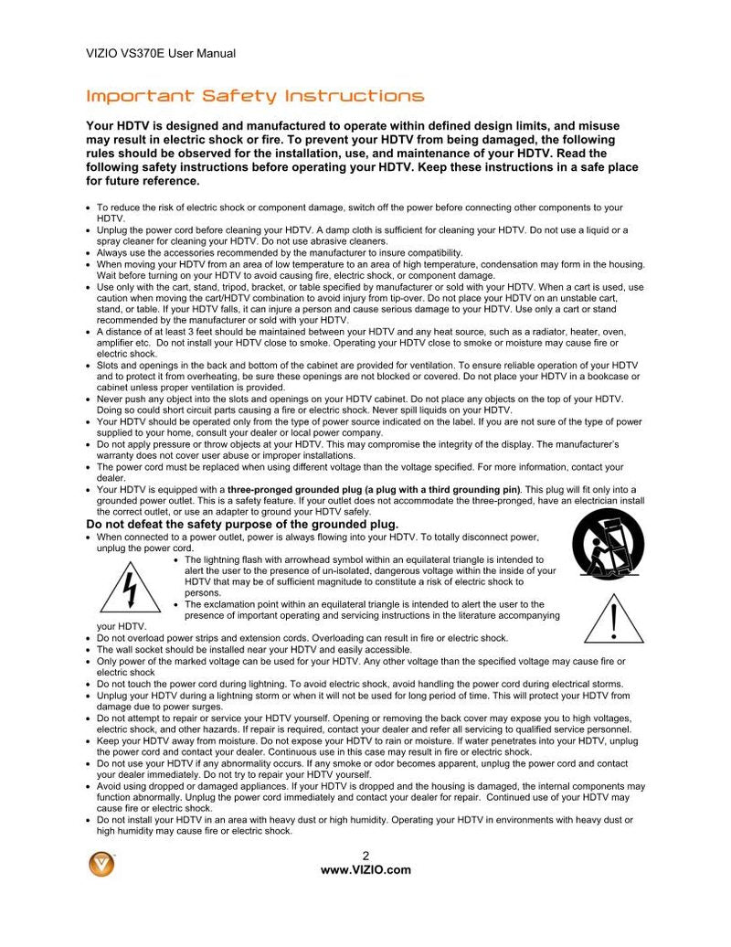 Vizio VS370E TV Operating Manual