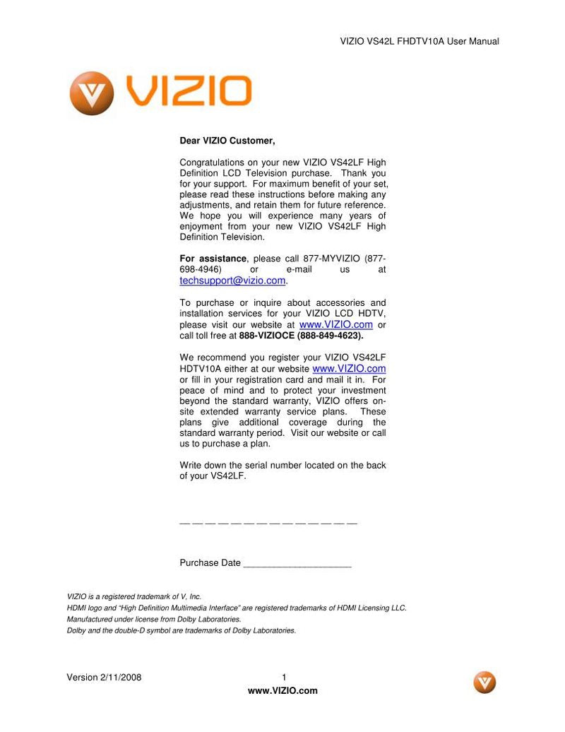 Vizio VS42LFHDTV10A TV Operating Manual