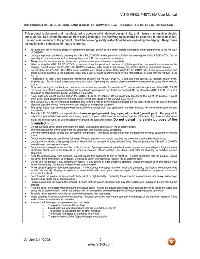 Vizio VS42LFHDTV10A TV Operating Manual