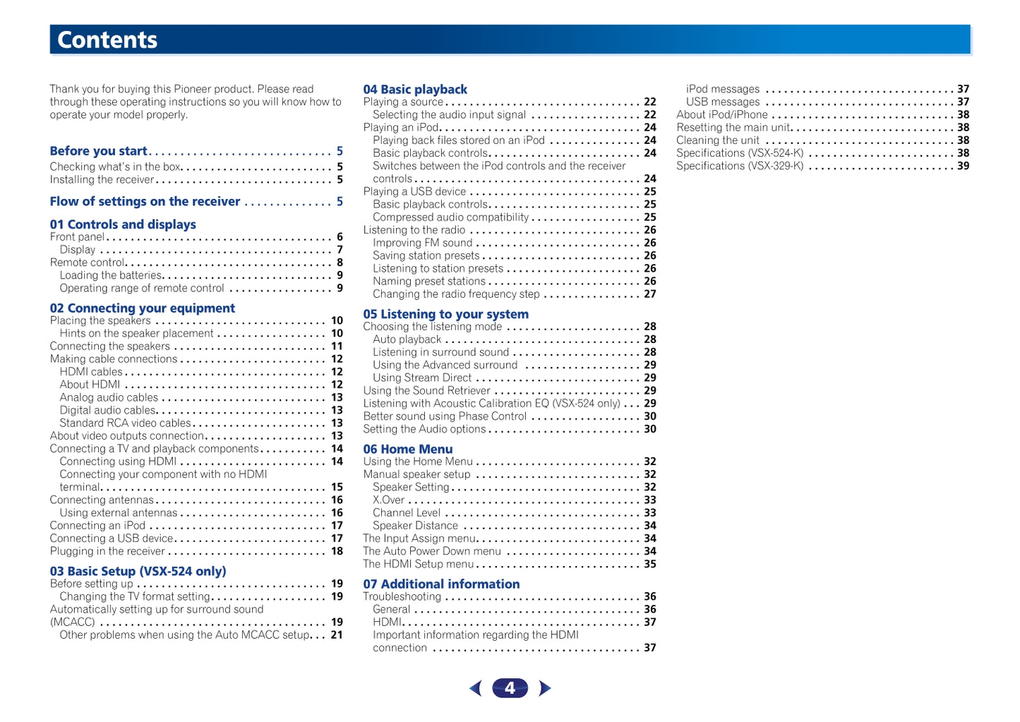 Pioneer VSX-329-K & VSX-524-K Receiver Owner/ User Manual (Pages: 40)