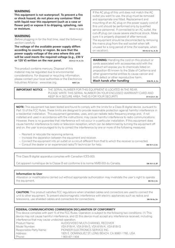 Pioneer VSX818V VSX918V Audio/Video Receiver Operating Manual