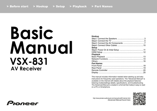 Pioneer VSX-831 Receiver Owner/ User Manual (Basic) (Pages: 24)