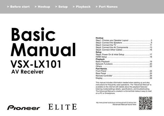 Pioneer VSX-LX101 Receiver Owner/ User Manual (Basic) (Pages: 28)