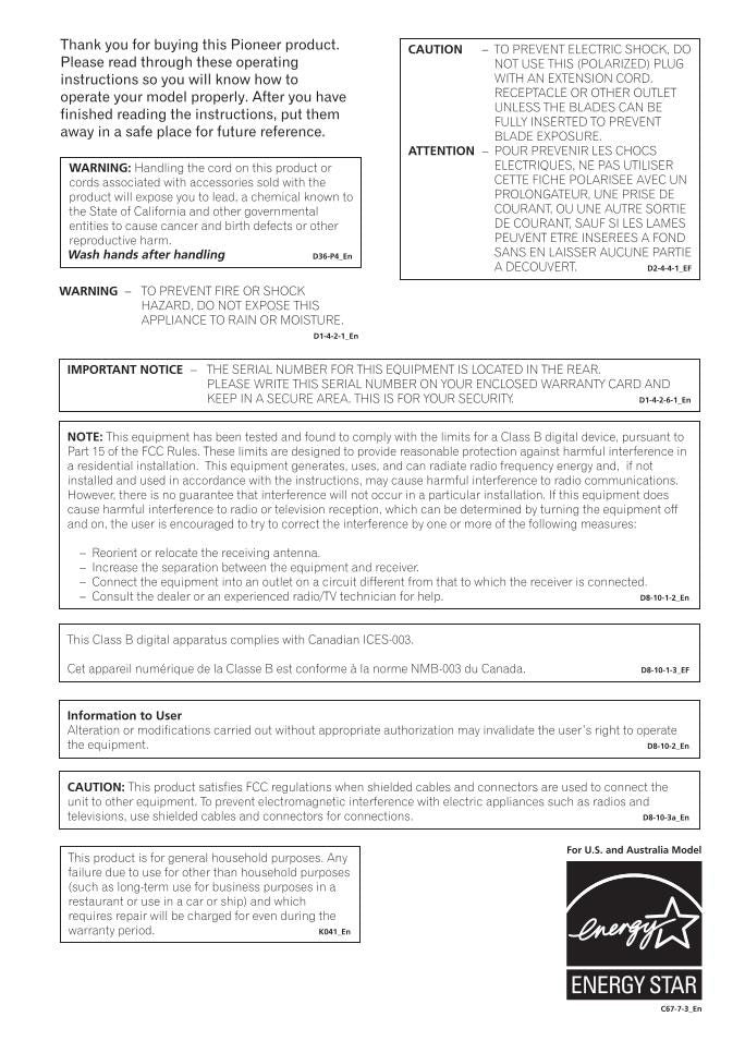 Pioneer VSX1015 TX Audio/Video Receiver Operating Manual