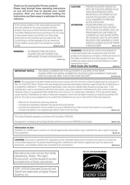 Pioneer VSXD814 VSXD814K VSXD914 Audio/Video Receiver Operating Manual