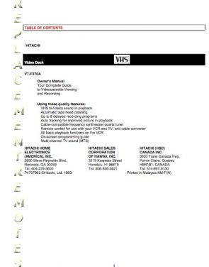 Hitachi VTF370A VCR Operating Manual