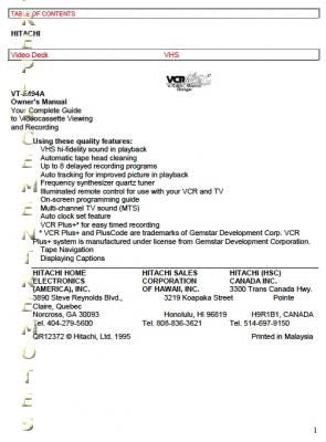 Hitachi VTF494A VCR Operating Manual