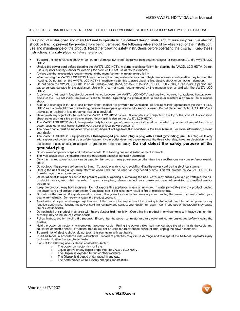 Vizio VU37LHDTV10A TV Operating Manual