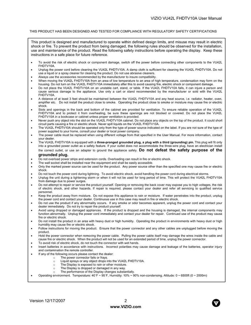 Vizio VU42LF VU42LFHDTV10A TV Operating Manual