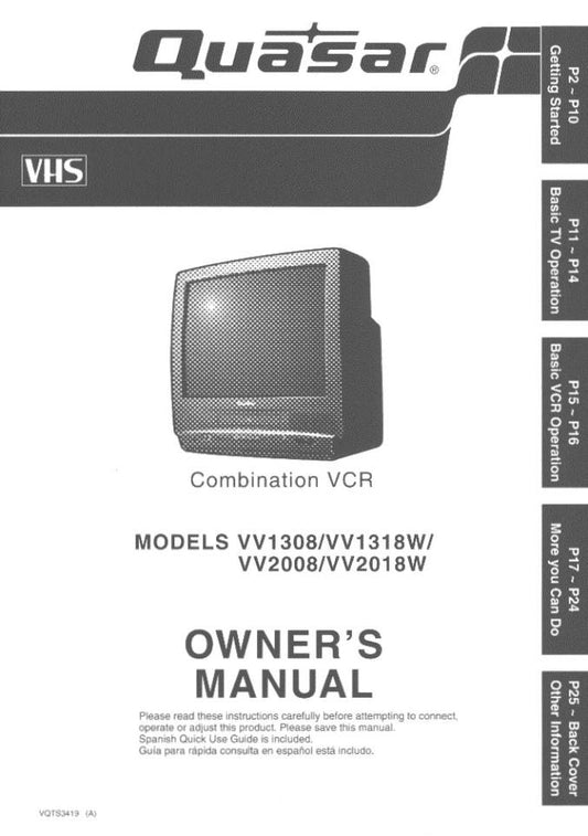 Quasar VV1308 VV1318W VV2008 TV/VCR Combo Operating Manual