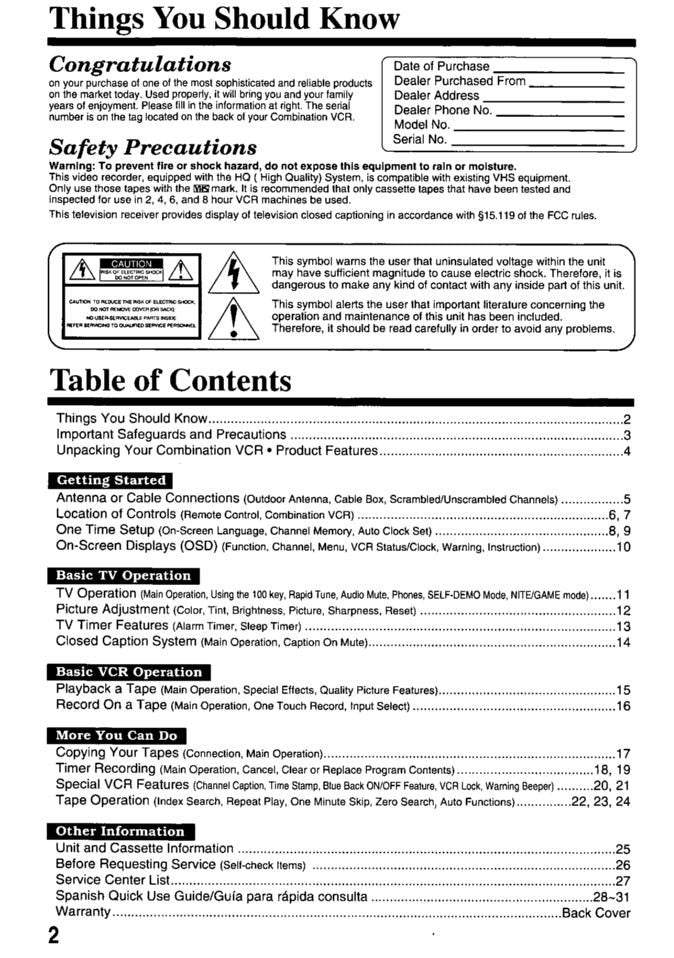 Quasar VV1308 VV1318W VV2008 TV/VCR Combo Operating Manual