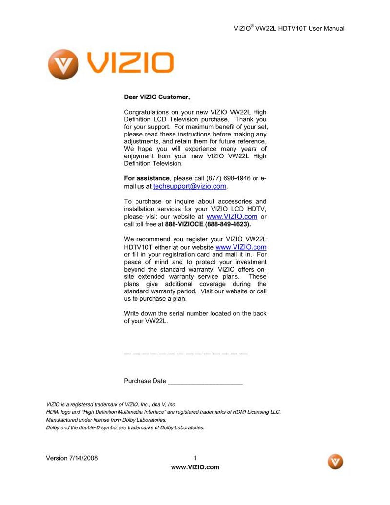 Vizio VW22LHDTV10T TV Operating Manual