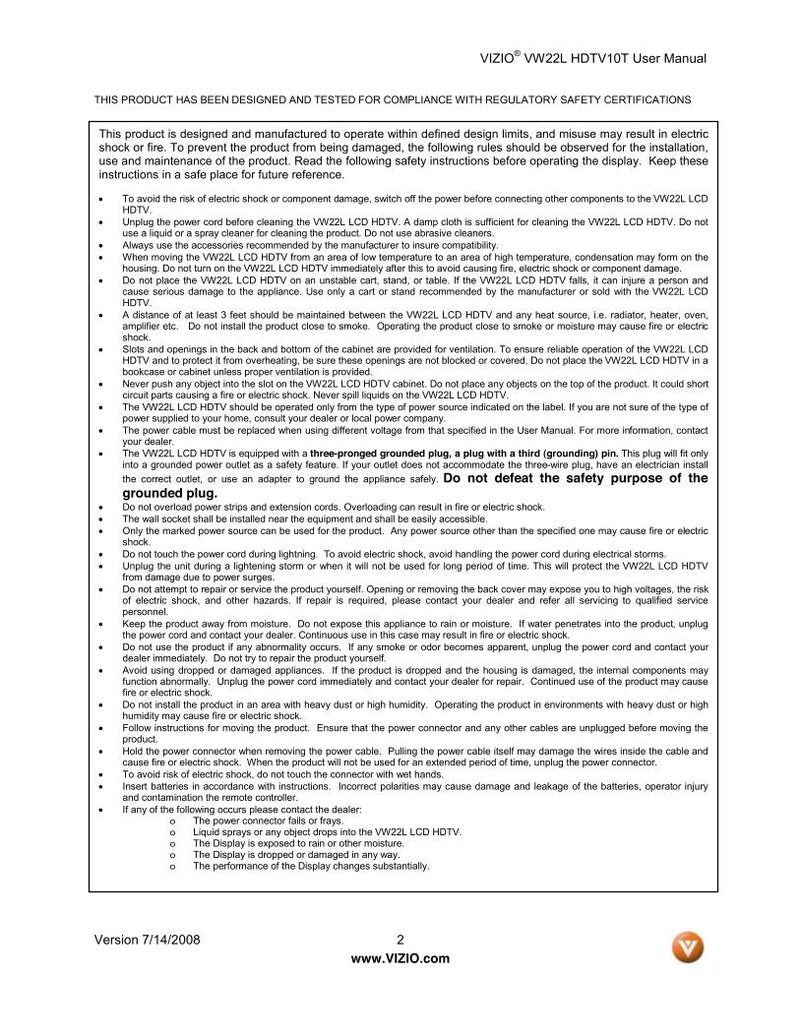 Vizio VW22LHDTV10T TV Operating Manual