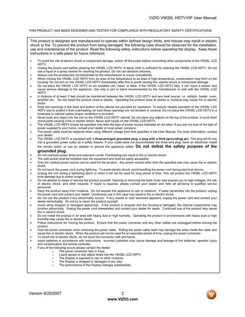 Vizio VW26LHDTV10F VW26LHDTV20F TV Operating Manual