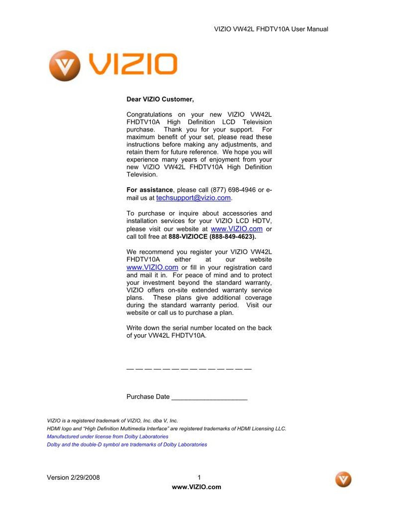 Vizio VW42LFHDTV10A TV Operating Manual