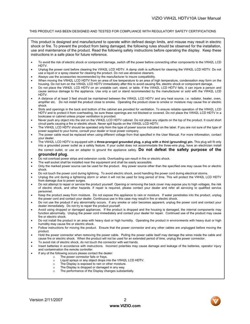 Vizio VW42L TV Operating Manual