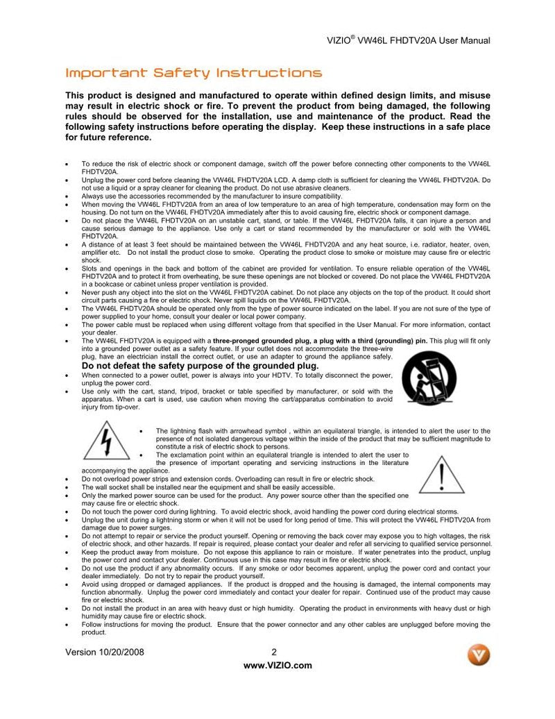 Vizio VW46LFHDTV10A TV Operating Manual