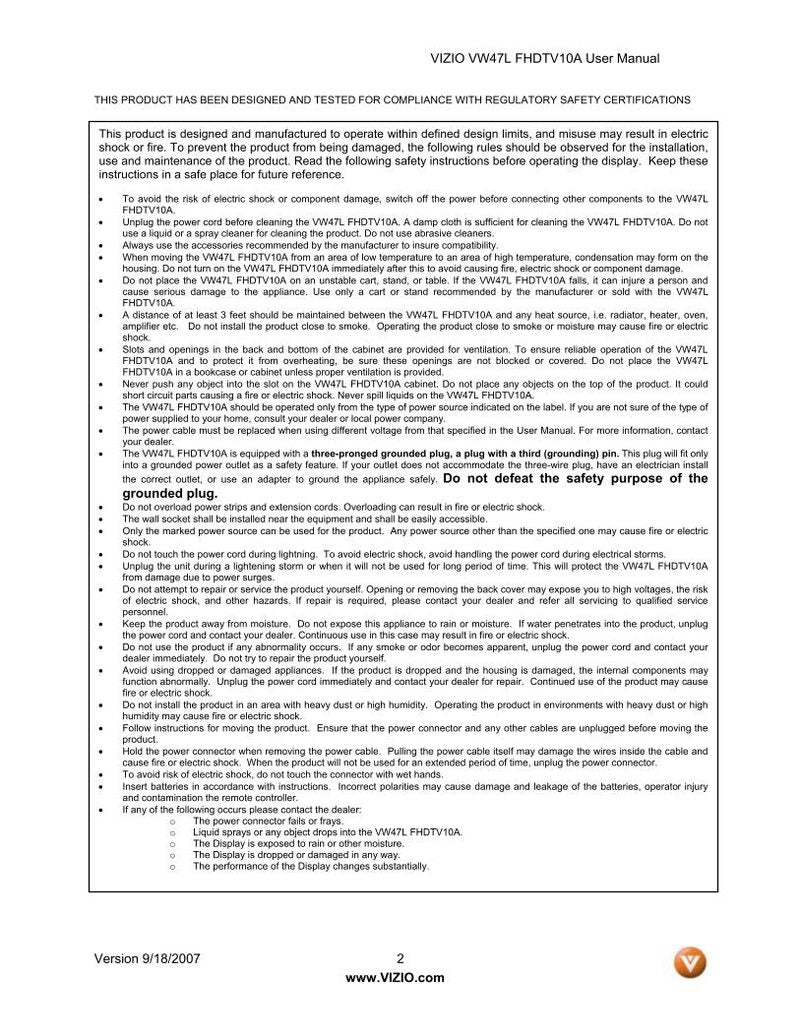 Vizio VW47LFHDTV10A TV Operating Manual