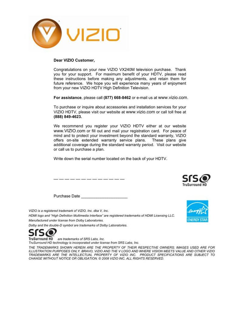 Vizio VX240M TV Operating Manual