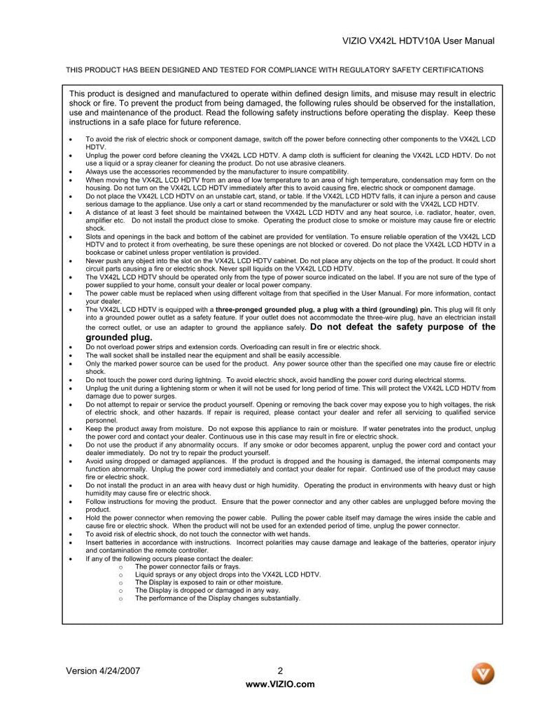 Vizio VX42L TV Operating Manual