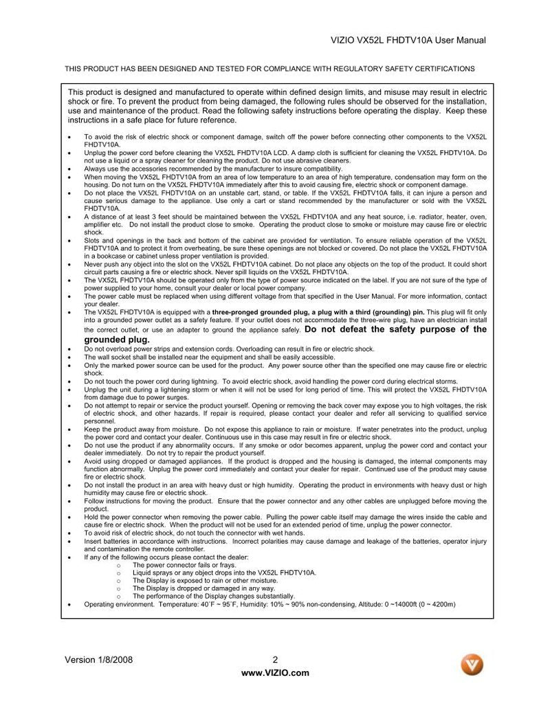 Vizio VX52LFHDTV10A TV Operating Manual