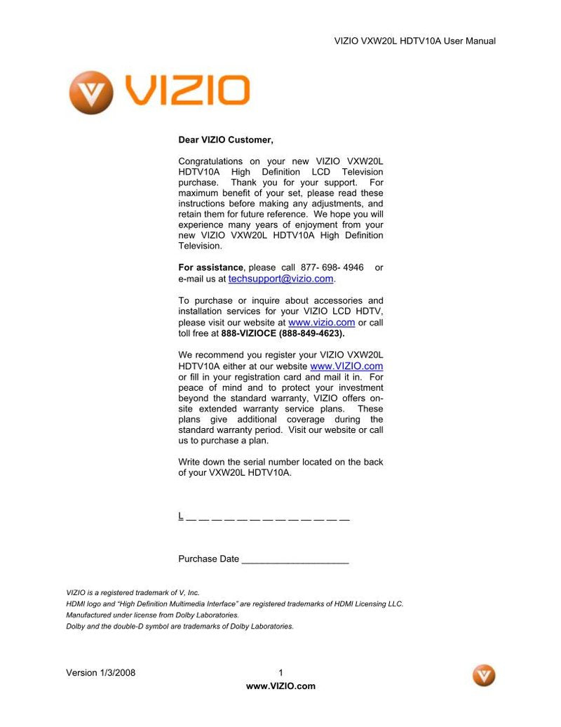 Vizio VXW20LHDTV10A TV Operating Manual