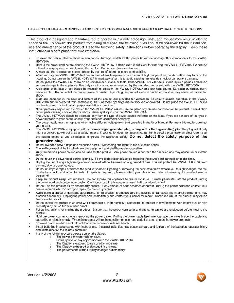 Vizio VW32LHDTV20A TV Operating Manual