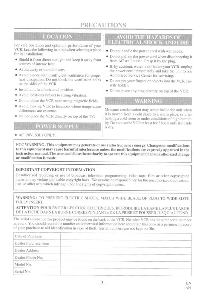 Hitachi VTFX665A Consumer Electronics Operating Manual