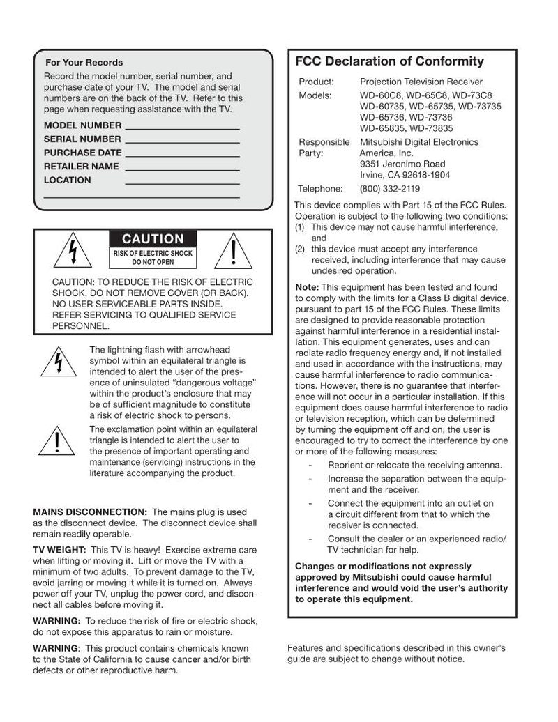 Mitsubishi WD60735 WD60 C 8 WD65735 TV Operating Manual
