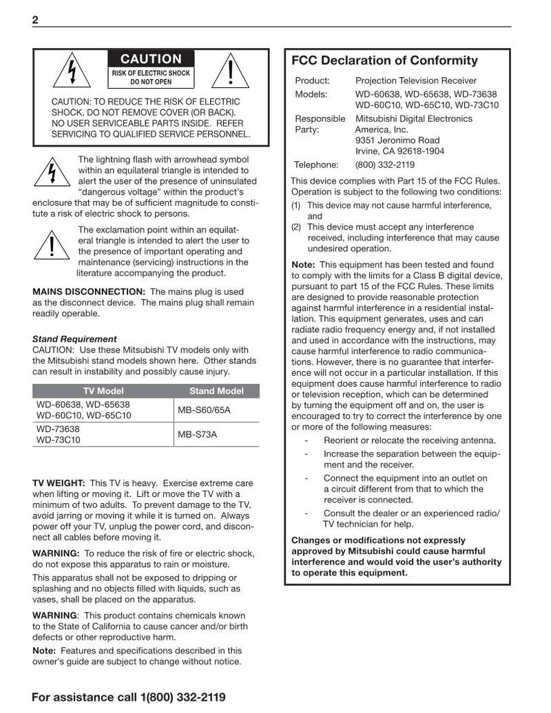 Mitsubishi WD65638CA TV Operating Manual