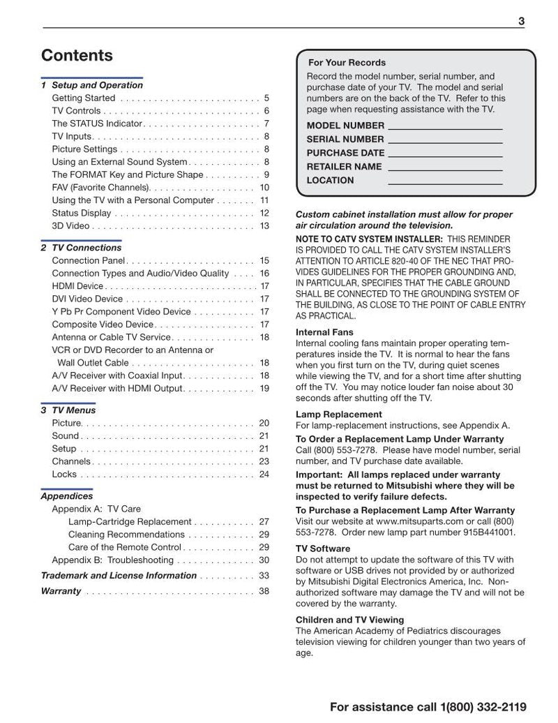 Mitsubishi WD65638CA TV Operating Manual