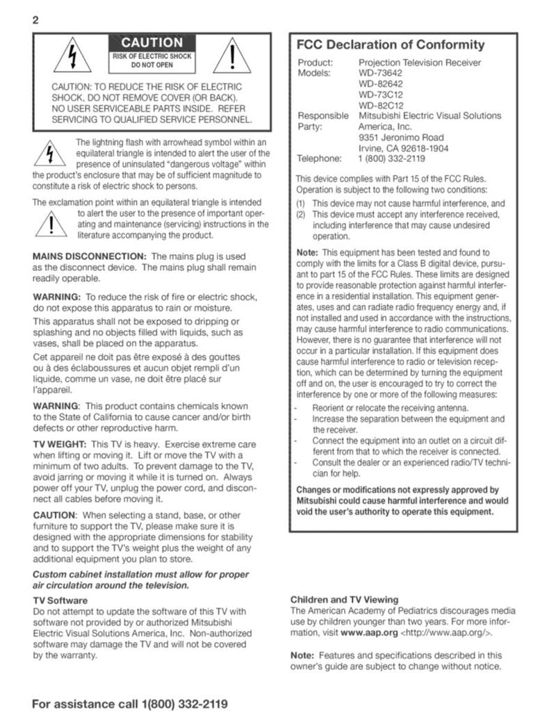 Mitsubishi WD73642 TV Operating Manual