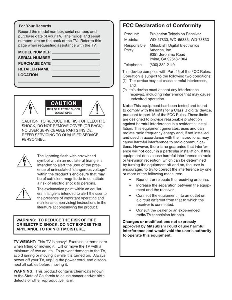 Mitsubishi WD57833 WD65833 WD73833 TV Operating Manual