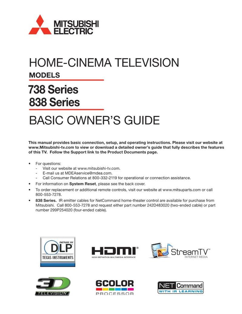 Mitsubishi WD60738 WD65738 WD65838 TV Operating Manual