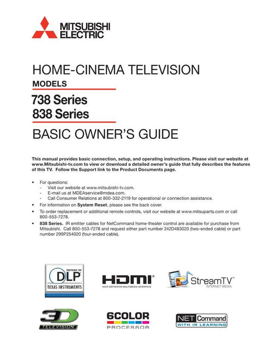 Mitsubishi WD60738 WD65738 WD65838 TV Operating Manual