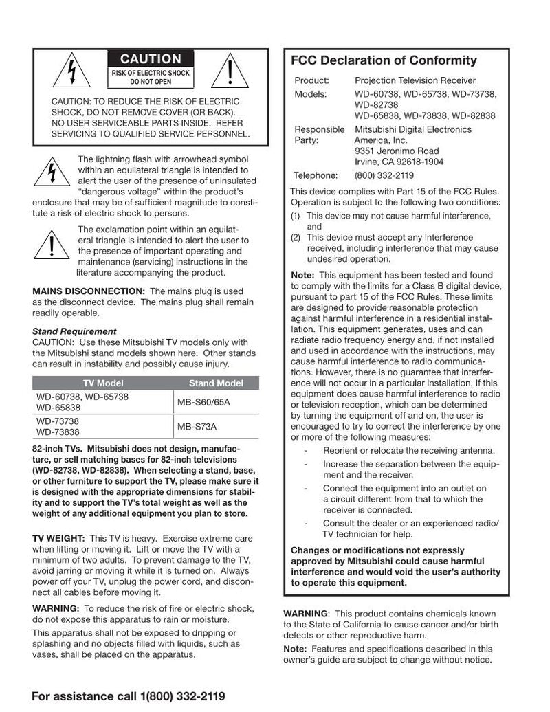 Mitsubishi WD60738 WD65738 WD65838 TV Operating Manual