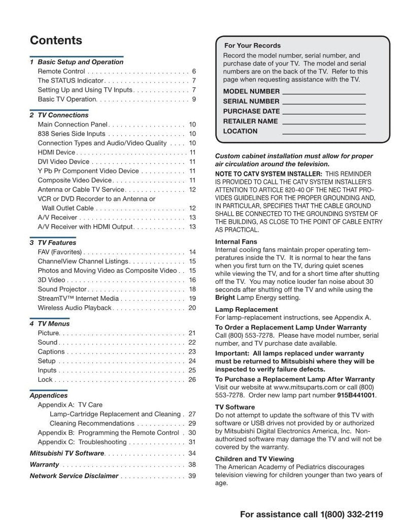 Mitsubishi WD60738 WD65738 WD65838 TV Operating Manual