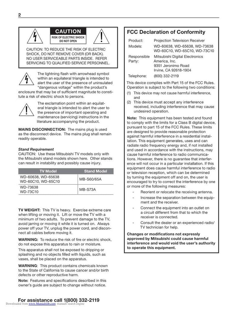 Mitsubishi WD65 C 10 WD73 TV Operating Manual