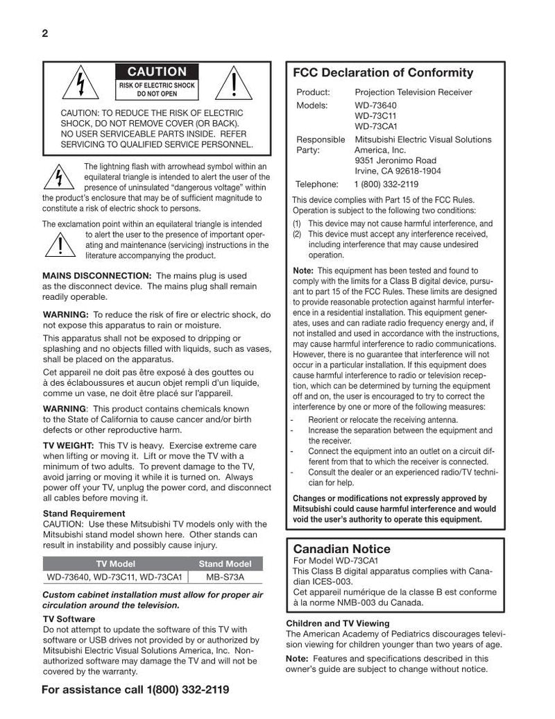 Mitsubishi WD73640 WD73 C 11 CA 1 TV Operating Manual